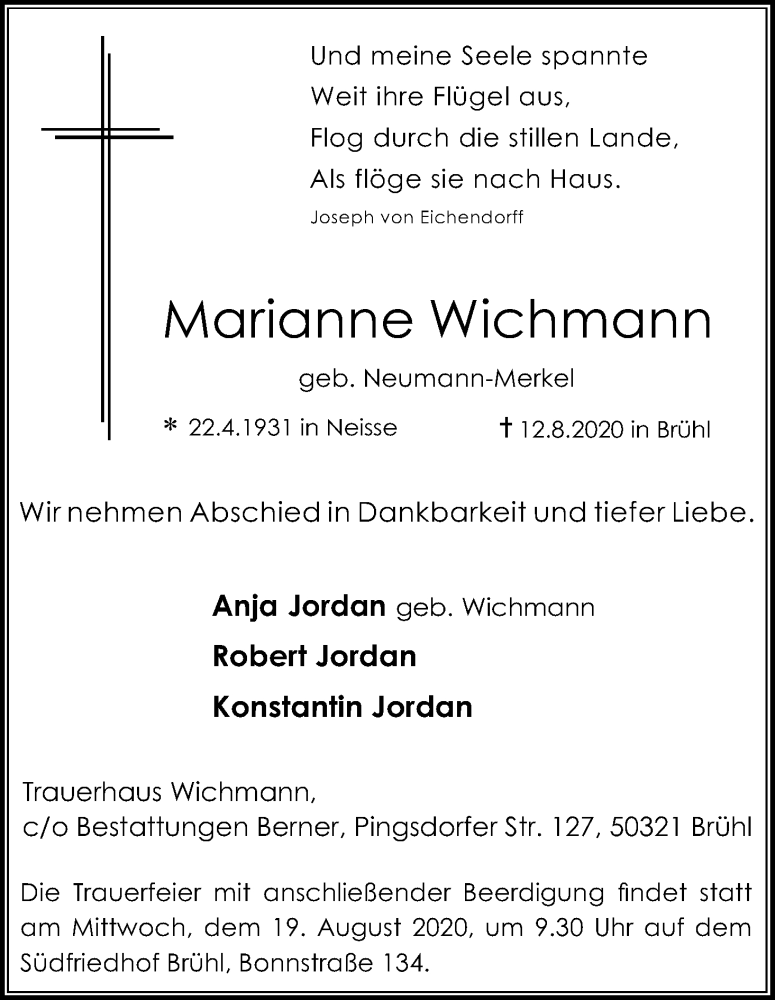 Traueranzeige für Marianne Wichmann vom 15.08.2020 aus Kölner Stadt-Anzeiger / Kölnische Rundschau / Express
