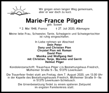 Anzeige von Marie-France Pilger von Kölner Stadt-Anzeiger / Kölnische Rundschau / Express