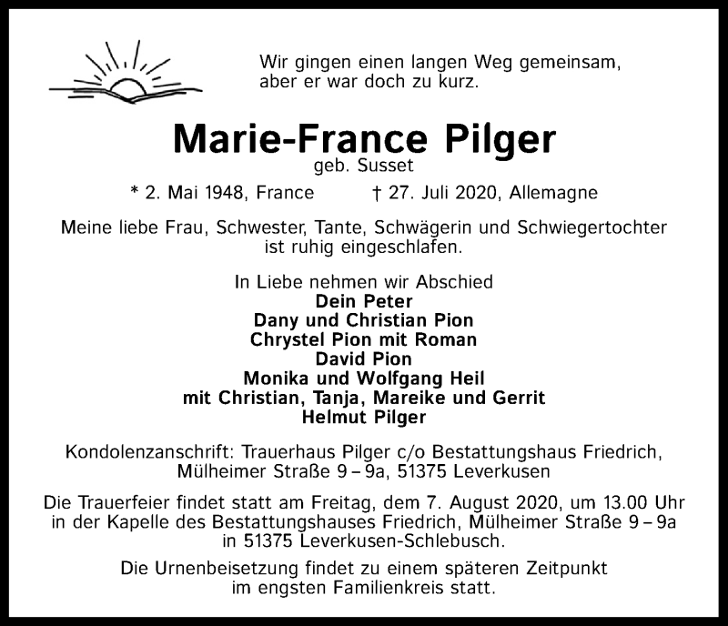  Traueranzeige für Marie-France Pilger vom 01.08.2020 aus Kölner Stadt-Anzeiger / Kölnische Rundschau / Express