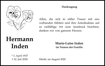 Anzeige von Marie-Luise Inden von Kölner Stadt-Anzeiger / Kölnische Rundschau / Express