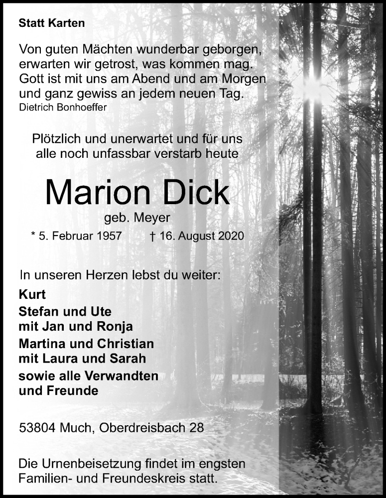  Traueranzeige für Marion Dick vom 22.08.2020 aus Kölner Stadt-Anzeiger / Kölnische Rundschau / Express