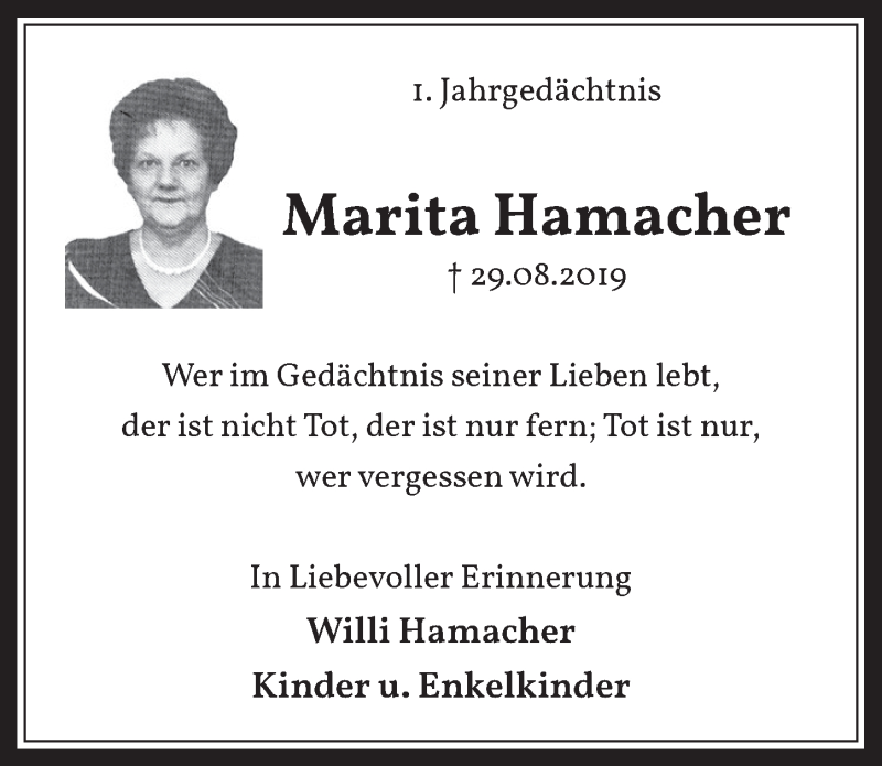  Traueranzeige für Marita Hamacher vom 28.08.2020 aus  Werbepost 