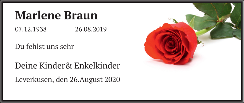  Traueranzeige für Marlene Braun vom 26.08.2020 aus Kölner Stadt-Anzeiger / Kölnische Rundschau / Express