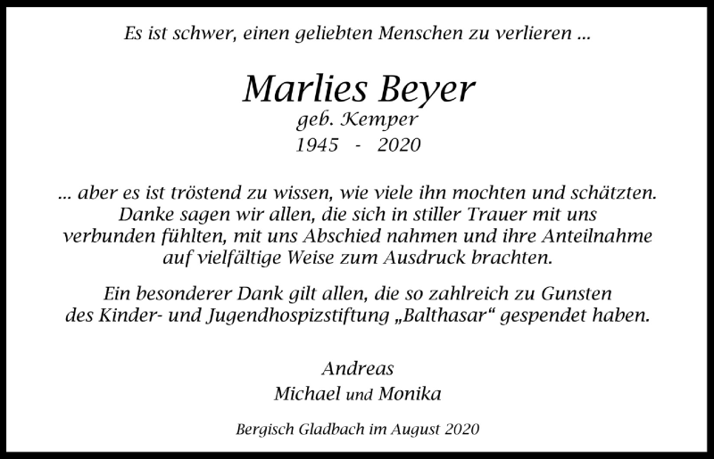  Traueranzeige für Marlies Beyer vom 21.08.2020 aus  Bergisches Handelsblatt 