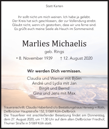 Anzeige von Marlies Michaelis von Kölner Stadt-Anzeiger / Kölnische Rundschau / Express