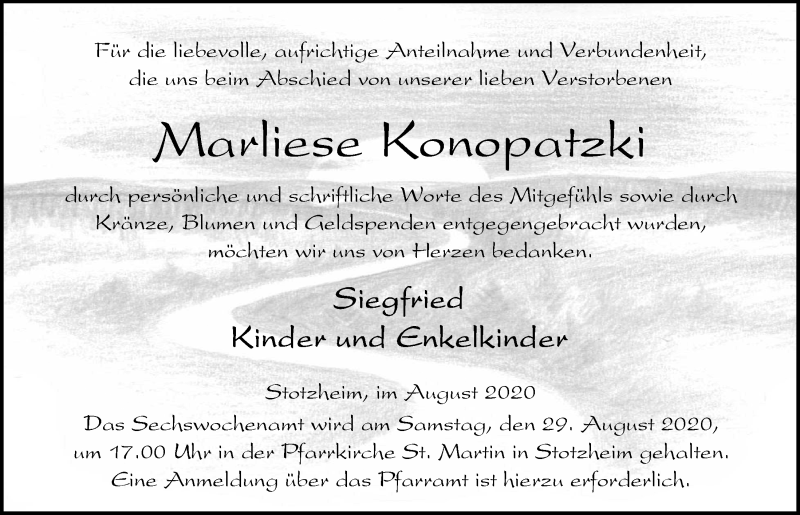  Traueranzeige für Marliese Konopatzki vom 22.08.2020 aus  Blickpunkt Euskirchen 