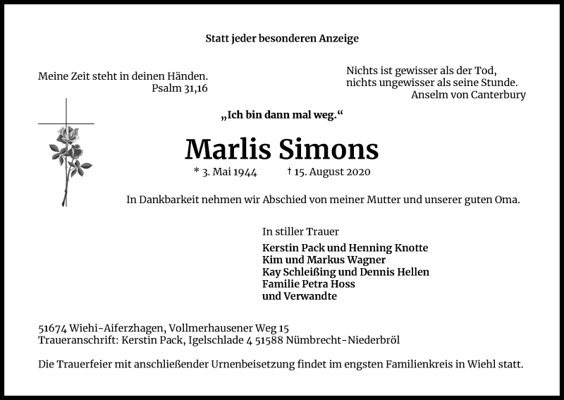  Traueranzeige für Marlis Simons vom 22.08.2020 aus Kölner Stadt-Anzeiger / Kölnische Rundschau / Express