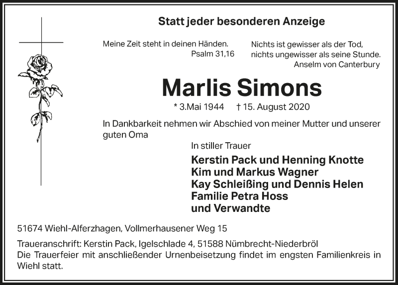  Traueranzeige für Marlis Simons vom 21.08.2020 aus  Anzeigen Echo 