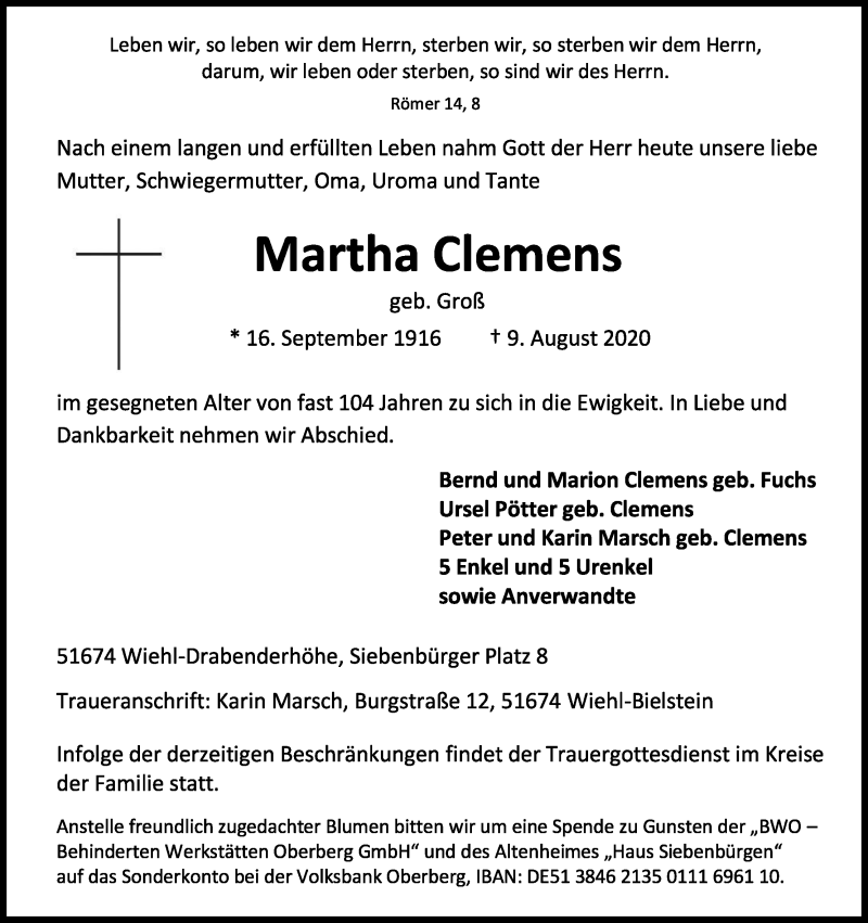  Traueranzeige für Martha Clemens vom 11.08.2020 aus Kölner Stadt-Anzeiger / Kölnische Rundschau / Express