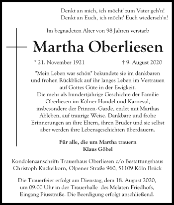 Anzeige von Martha Oberliesen von Kölner Stadt-Anzeiger / Kölnische Rundschau / Express