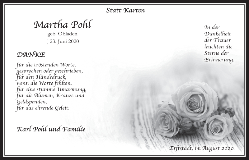  Traueranzeige für Martha Pohl vom 14.08.2020 aus  Werbepost 