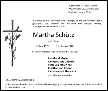 Anzeige von Martha Schütz von Kölner Stadt-Anzeiger / Kölnische Rundschau / Express