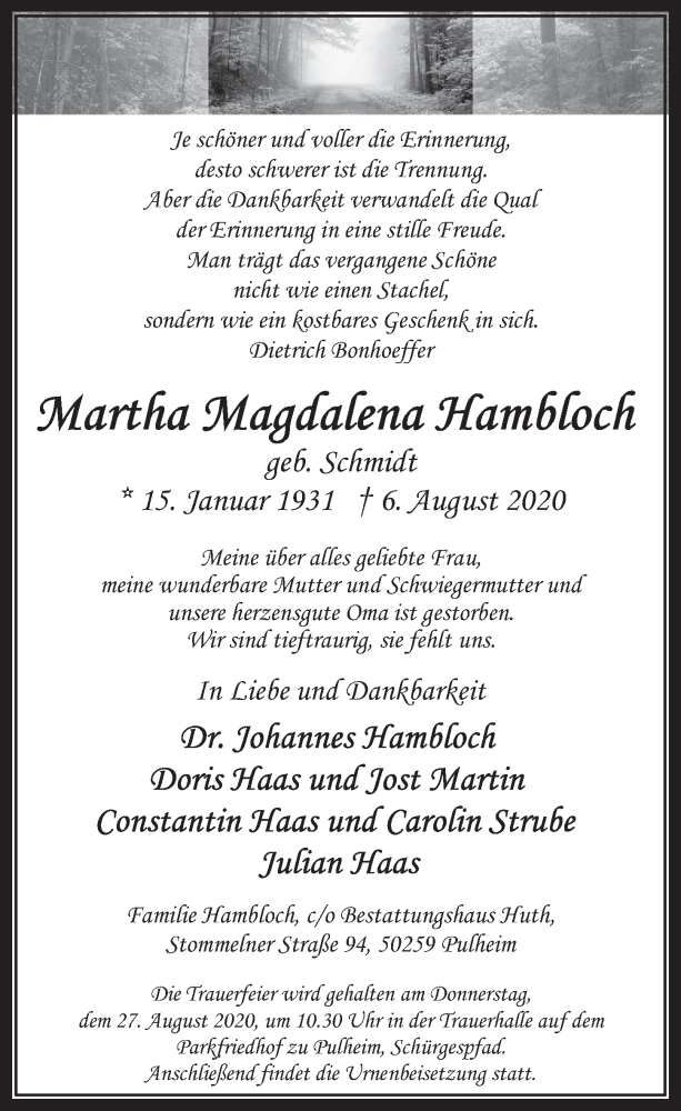  Traueranzeige für Martha Magdalena Hambloch vom 14.08.2020 aus  Werbepost 