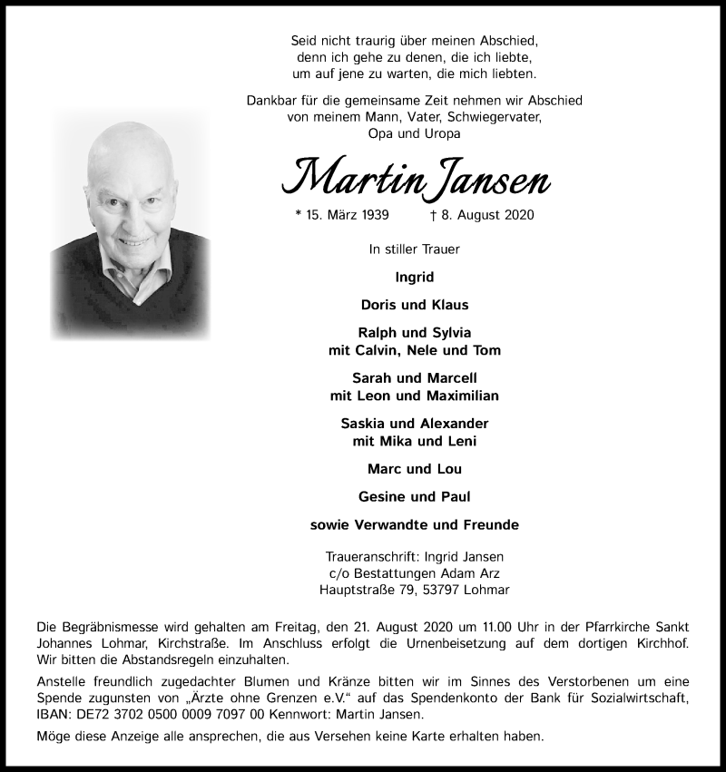  Traueranzeige für Martin Jansen vom 15.08.2020 aus Kölner Stadt-Anzeiger / Kölnische Rundschau / Express