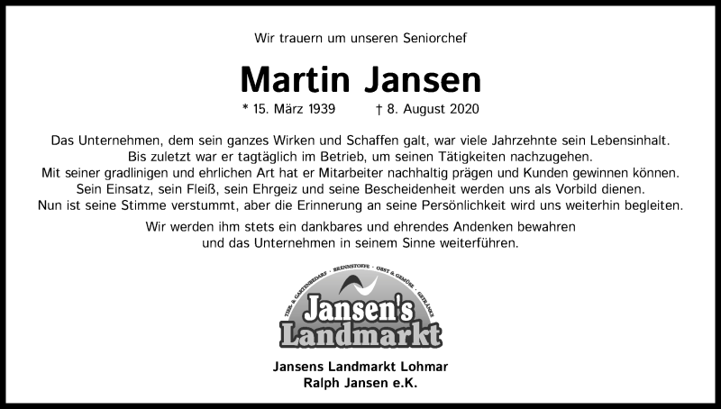  Traueranzeige für Martin Jansen vom 15.08.2020 aus Kölner Stadt-Anzeiger / Kölnische Rundschau / Express