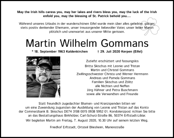 Anzeige von Martin Wilhelm Gommans von Kölner Stadt-Anzeiger / Kölnische Rundschau / Express