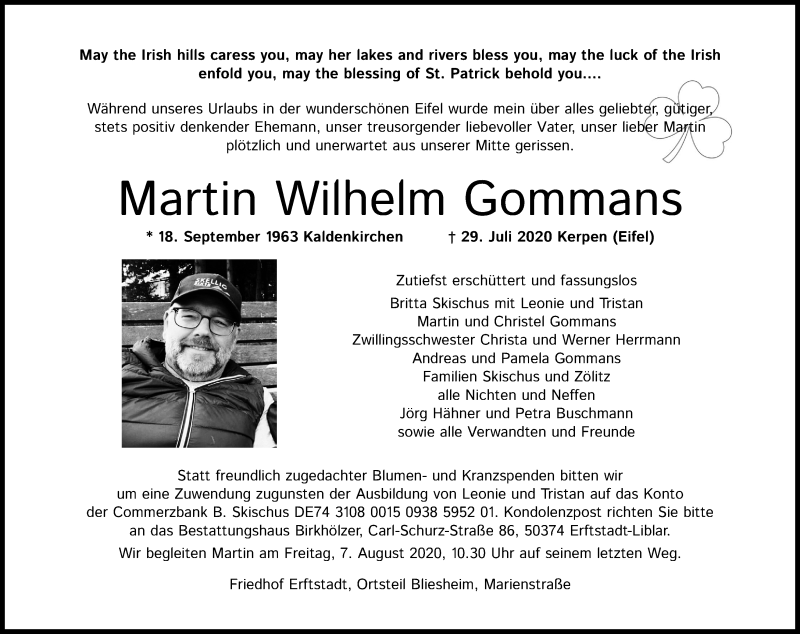  Traueranzeige für Martin Wilhelm Gommans vom 05.08.2020 aus Kölner Stadt-Anzeiger / Kölnische Rundschau / Express