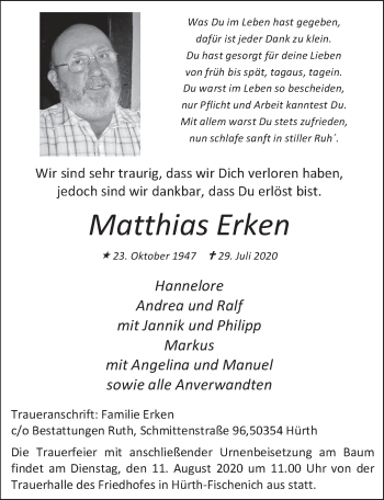 Anzeige von Matthias Erken von  Wochenende 