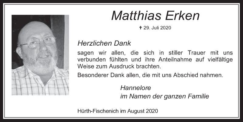  Traueranzeige für Matthias Erken vom 21.08.2020 aus  Wochenende 