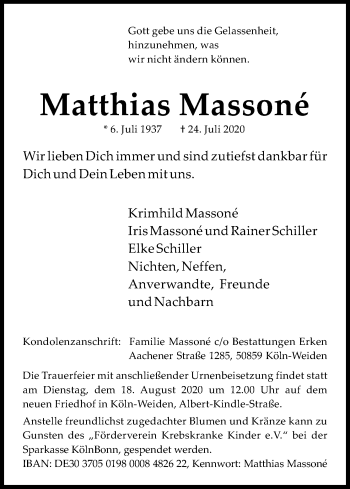 Anzeige von Matthias Massoné von Kölner Stadt-Anzeiger / Kölnische Rundschau / Express