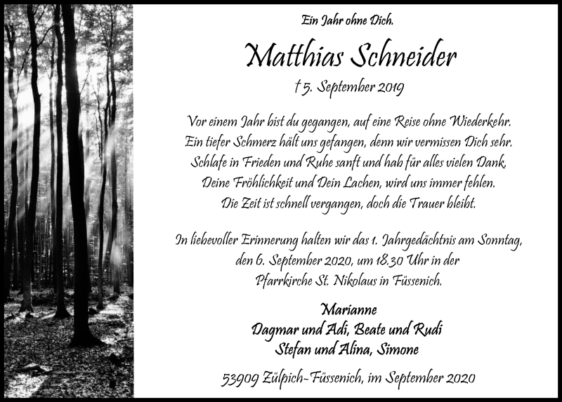  Traueranzeige für Matthias Schneider vom 29.08.2020 aus  Blickpunkt Euskirchen 