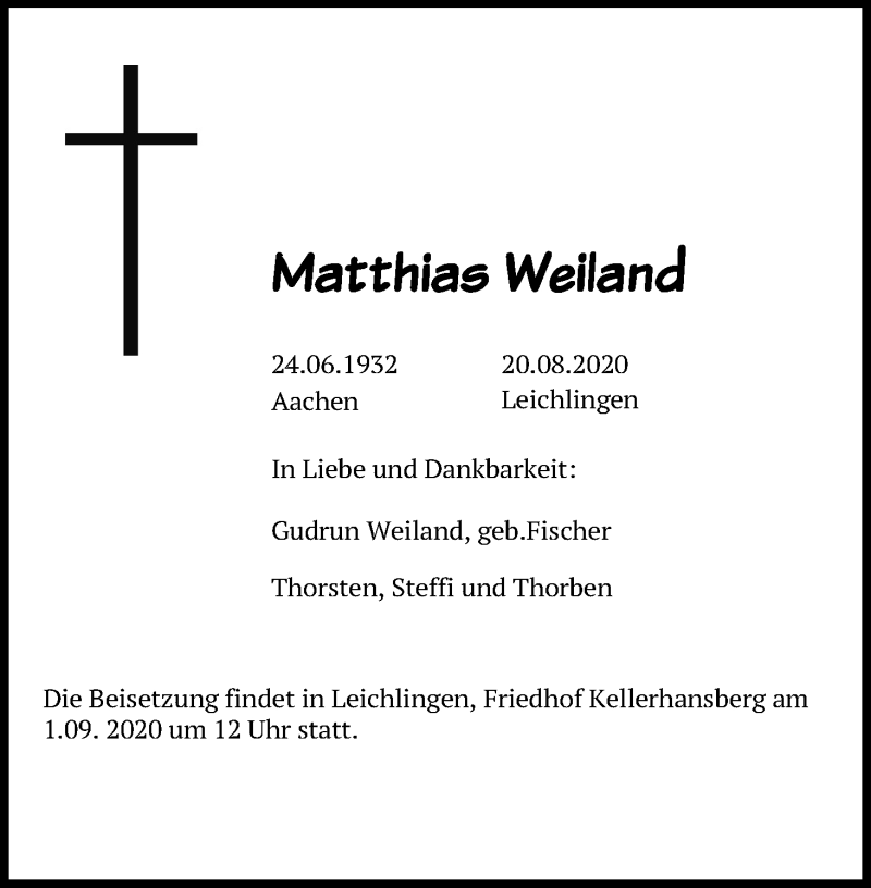  Traueranzeige für Matthias Weiland vom 01.09.2020 aus Kölner Stadt-Anzeiger / Kölnische Rundschau / Express