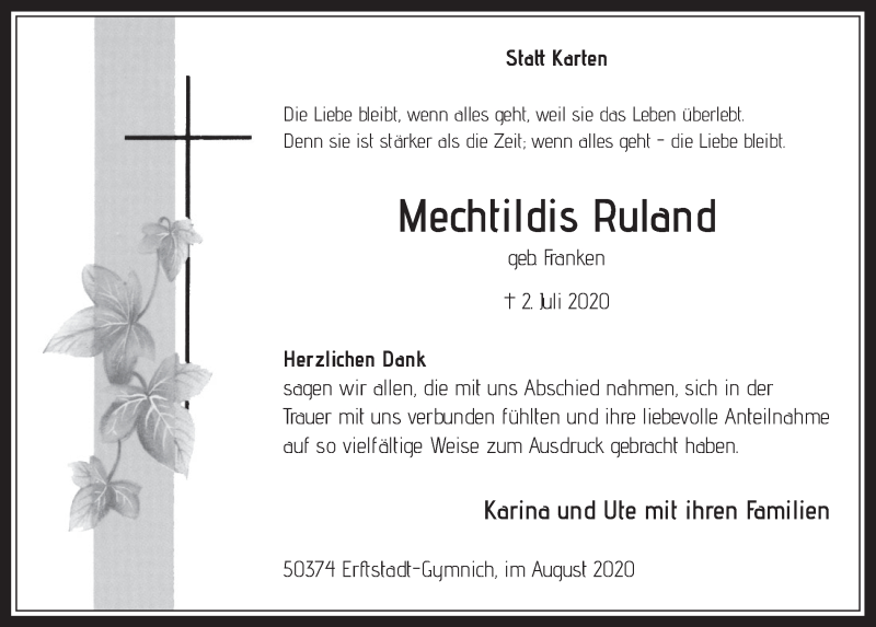  Traueranzeige für Mechtildis Ruland vom 14.08.2020 aus  Werbepost 