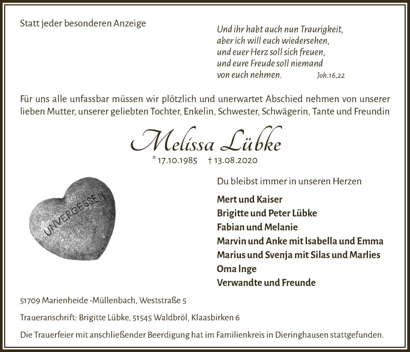  Traueranzeige für Melissa Lübke vom 21.08.2020 aus  Anzeigen Echo  Lokalanzeiger 