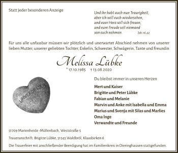 Anzeige von Melissa Lübke von  Anzeigen Echo  Lokalanzeiger 