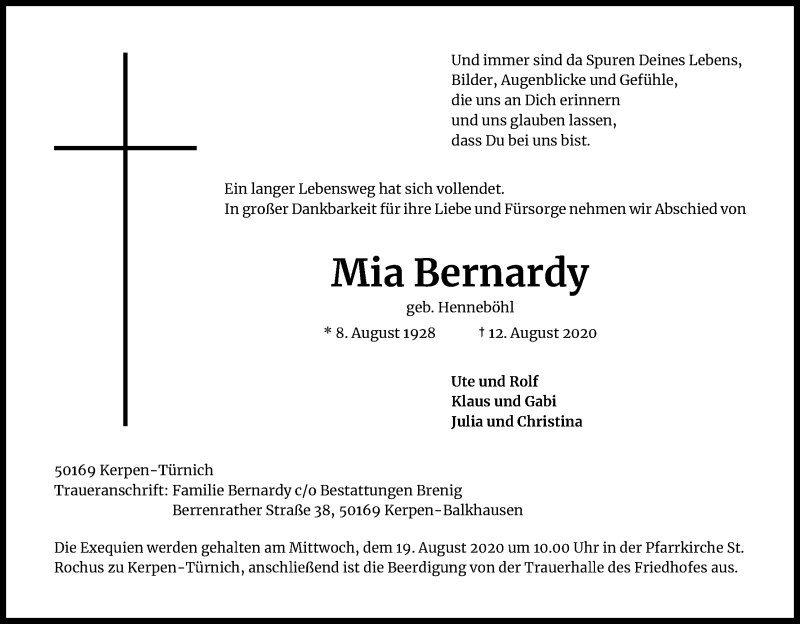  Traueranzeige für Mia Bernardy vom 15.08.2020 aus Kölner Stadt-Anzeiger / Kölnische Rundschau / Express