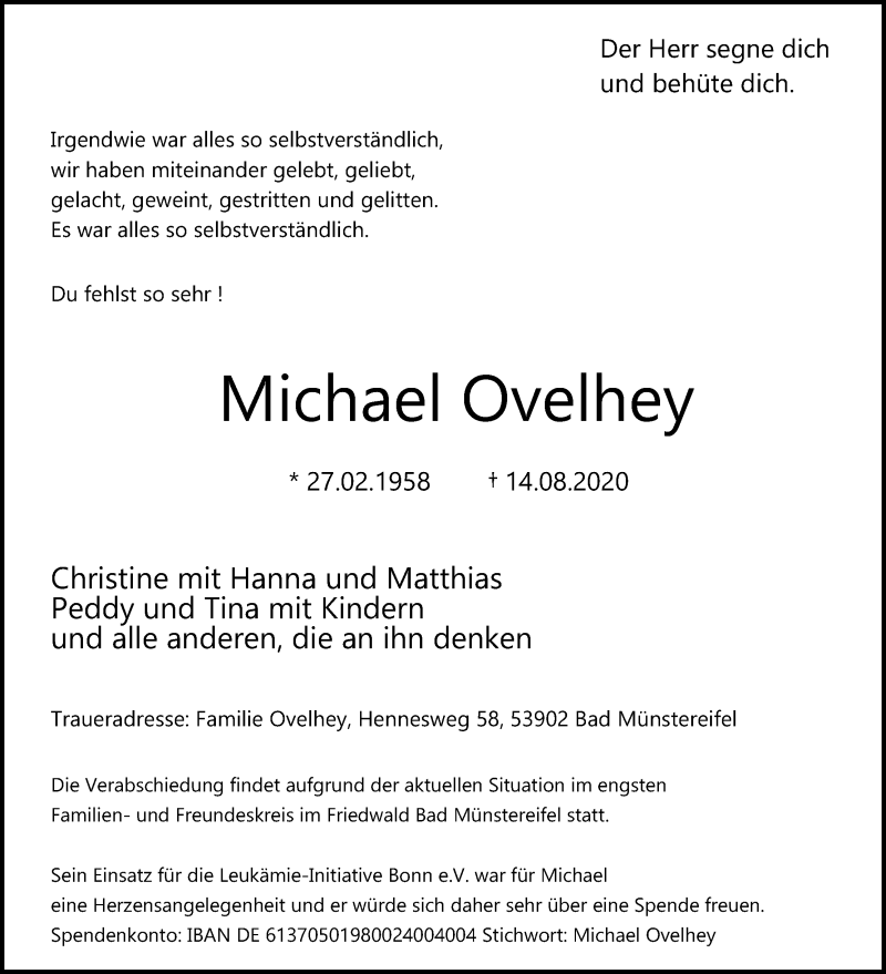  Traueranzeige für Michael Ovelhey vom 22.08.2020 aus Kölner Stadt-Anzeiger / Kölnische Rundschau / Express