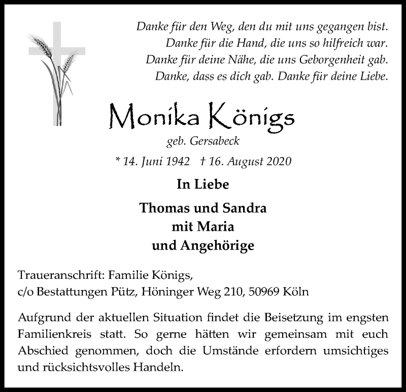  Traueranzeige für Monika Königs vom 22.08.2020 aus Kölner Stadt-Anzeiger / Kölnische Rundschau / Express