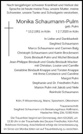 Anzeige von Monika Schaumann-Pulm von Kölner Stadt-Anzeiger / Kölnische Rundschau / Express