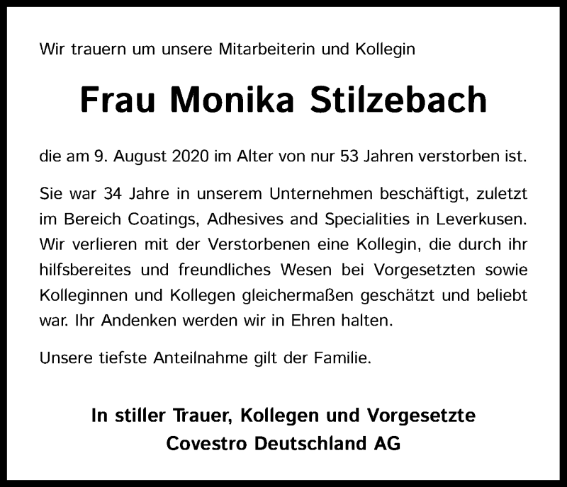  Traueranzeige für Monika Stilzebach vom 29.08.2020 aus Kölner Stadt-Anzeiger / Kölnische Rundschau / Express