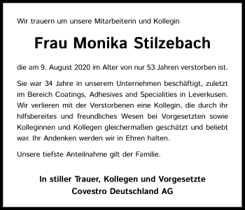Anzeige von Monika Stilzebach von Kölner Stadt-Anzeiger / Kölnische Rundschau / Express