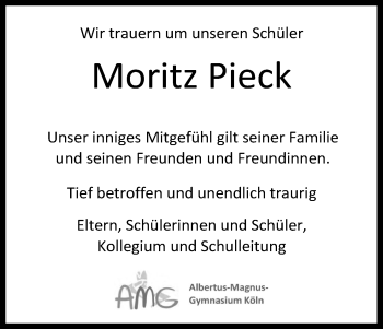 Anzeige von Moritz Pieck von Kölner Stadt-Anzeiger / Kölnische Rundschau / Express