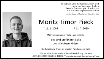 Anzeige von Moritz Timor Pieck von Kölner Stadt-Anzeiger / Kölnische Rundschau / Express