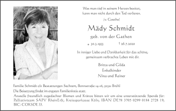 Anzeige von Mädy Schmidt von Kölner Stadt-Anzeiger / Kölnische Rundschau / Express