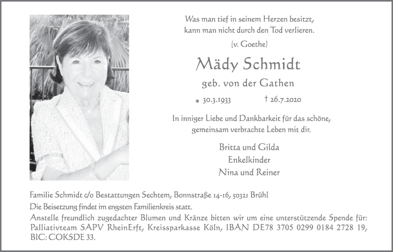  Traueranzeige für Mädy Schmidt vom 07.08.2020 aus  Schlossbote/Werbekurier 