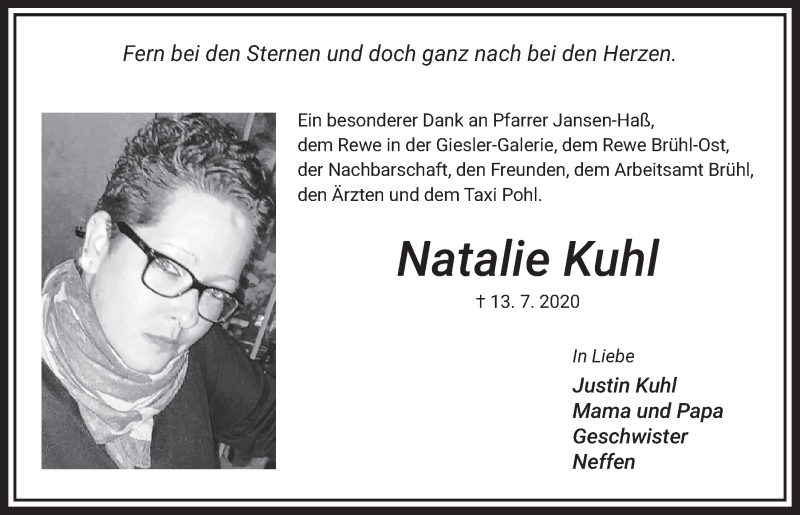  Traueranzeige für Natalie Kuhl vom 07.08.2020 aus  Schlossbote/Werbekurier 