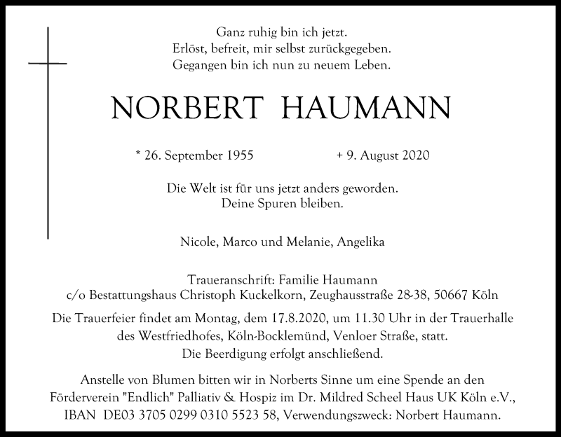  Traueranzeige für Norbert Haumann vom 15.08.2020 aus Kölner Stadt-Anzeiger / Kölnische Rundschau / Express