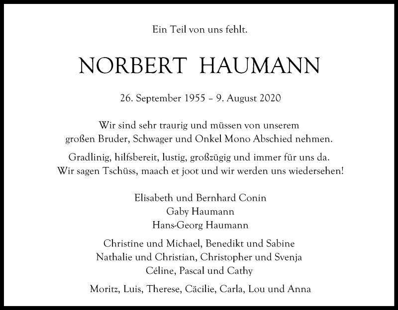  Traueranzeige für Norbert Haumann vom 15.08.2020 aus Kölner Stadt-Anzeiger / Kölnische Rundschau / Express