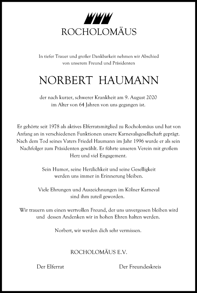  Traueranzeige für Norbert Haumann vom 15.08.2020 aus Kölner Stadt-Anzeiger / Kölnische Rundschau / Express