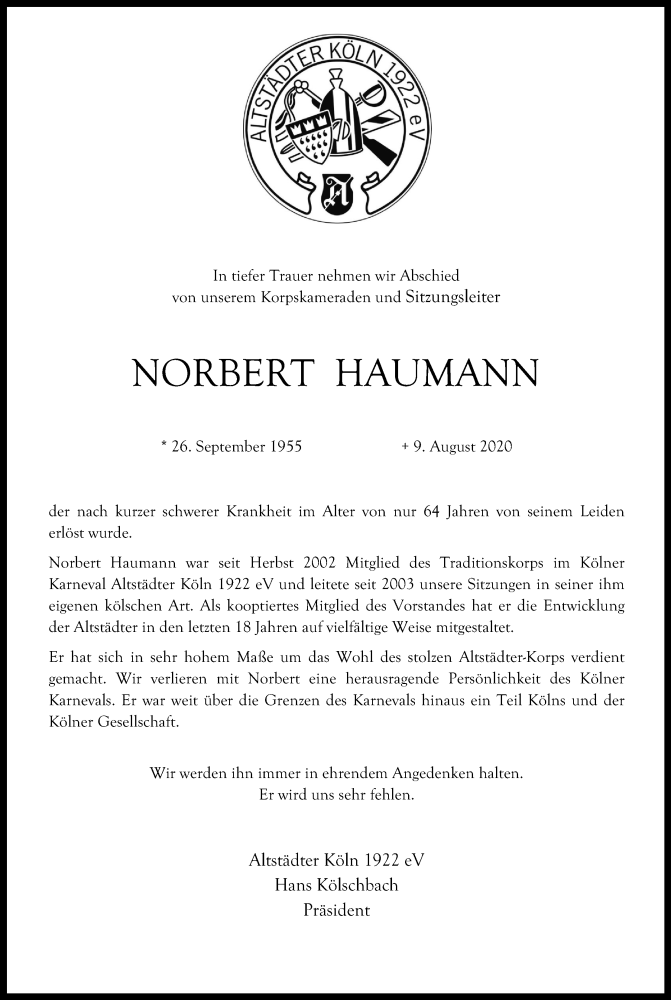  Traueranzeige für Norbert Haumann vom 15.08.2020 aus Kölner Stadt-Anzeiger / Kölnische Rundschau / Express