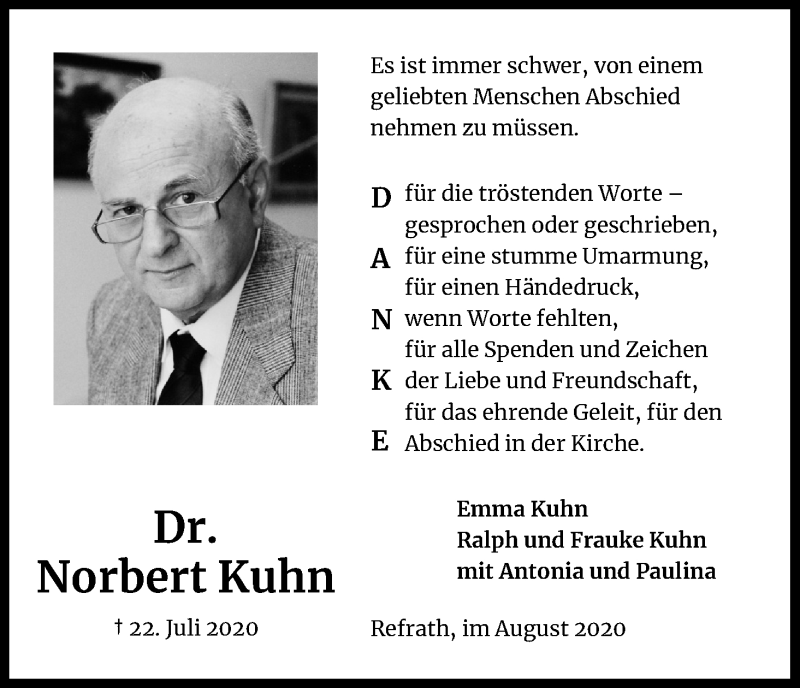  Traueranzeige für Norbert Kuhn vom 15.08.2020 aus Kölner Stadt-Anzeiger / Kölnische Rundschau / Express
