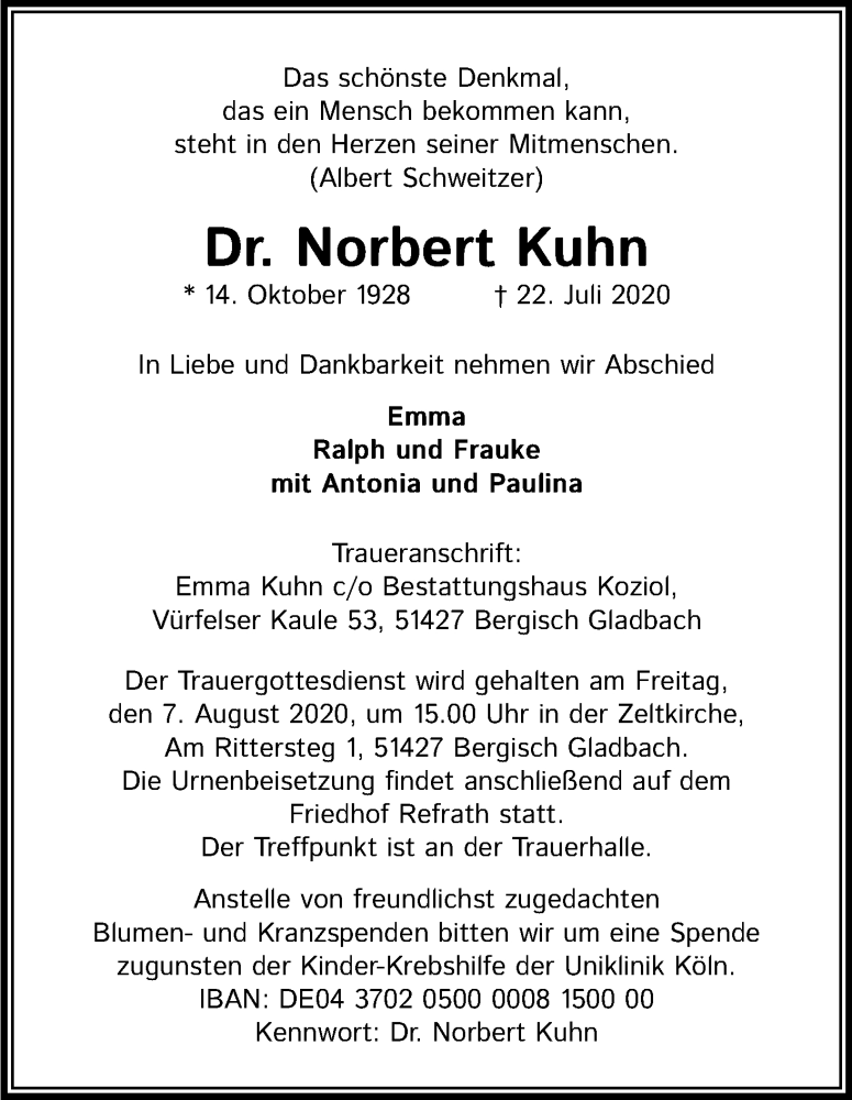  Traueranzeige für Norbert Kuhn vom 01.08.2020 aus Kölner Stadt-Anzeiger / Kölnische Rundschau / Express