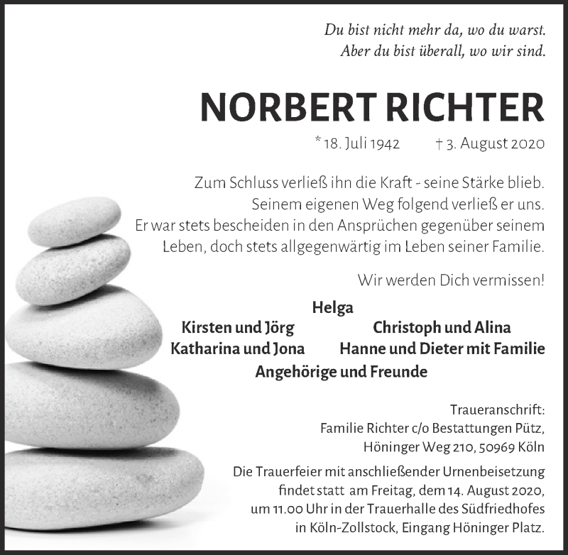  Traueranzeige für Norbert Richter vom 07.08.2020 aus  Kölner Wochenspiegel 