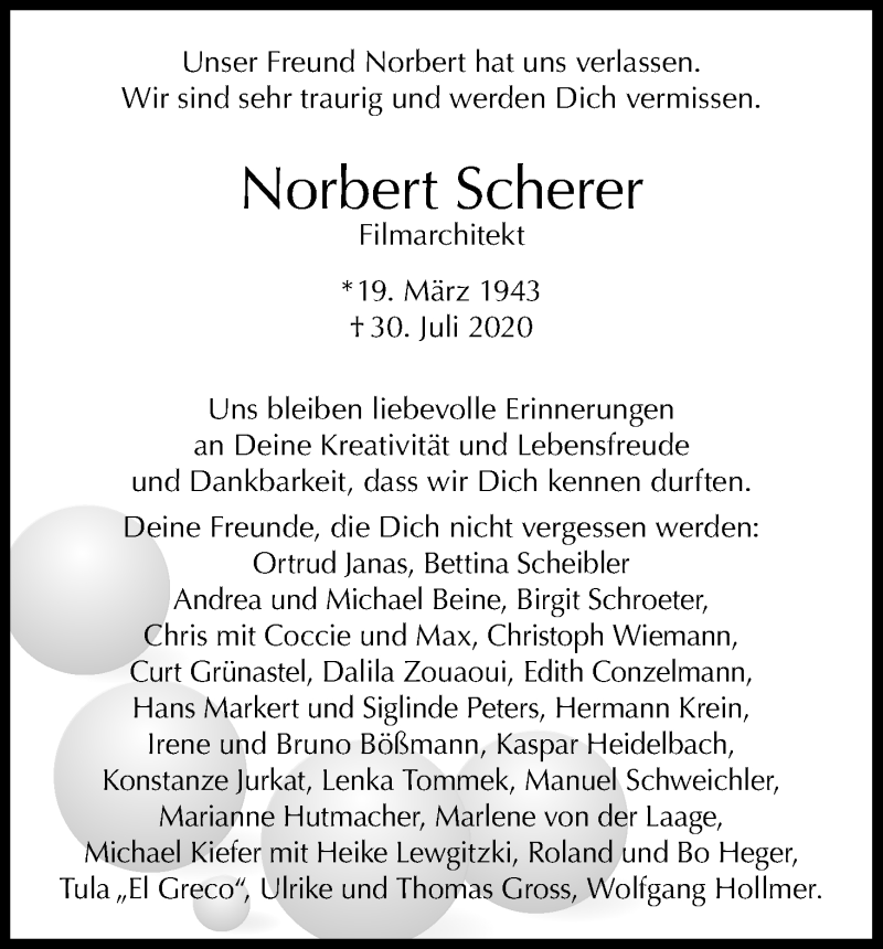  Traueranzeige für Norbert Scherer vom 08.08.2020 aus Kölner Stadt-Anzeiger / Kölnische Rundschau / Express