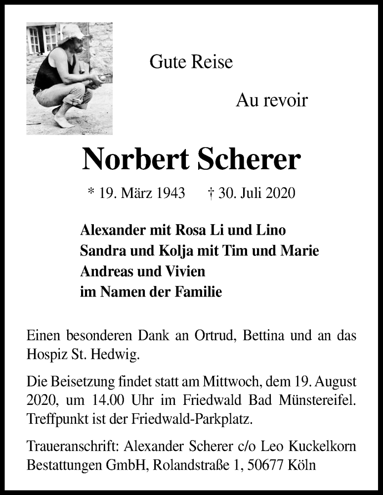  Traueranzeige für Norbert Scherer vom 08.08.2020 aus Kölner Stadt-Anzeiger / Kölnische Rundschau / Express