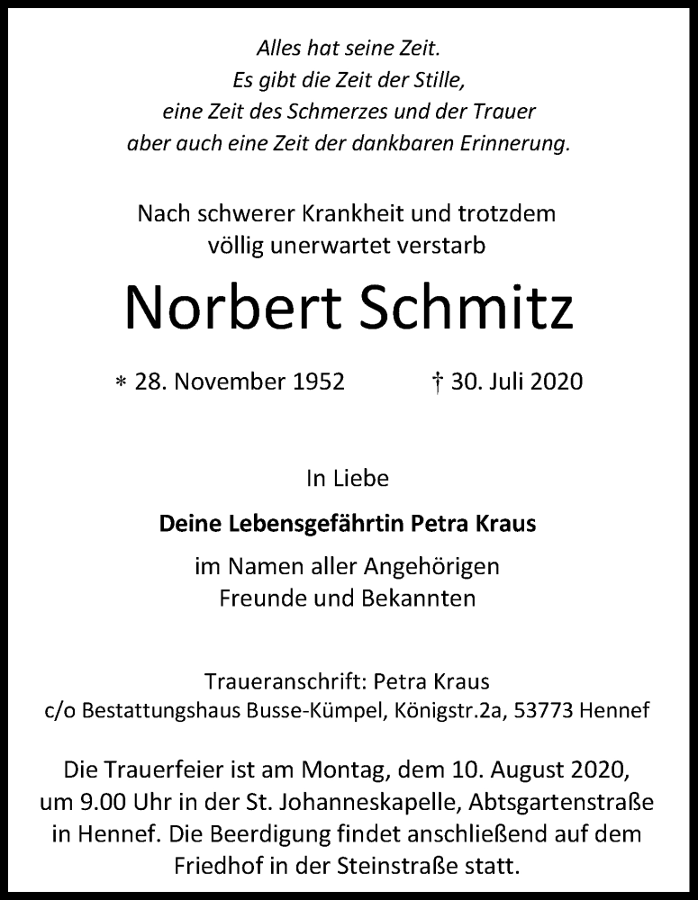  Traueranzeige für Norbert Schmitz vom 08.08.2020 aus Kölner Stadt-Anzeiger / Kölnische Rundschau / Express